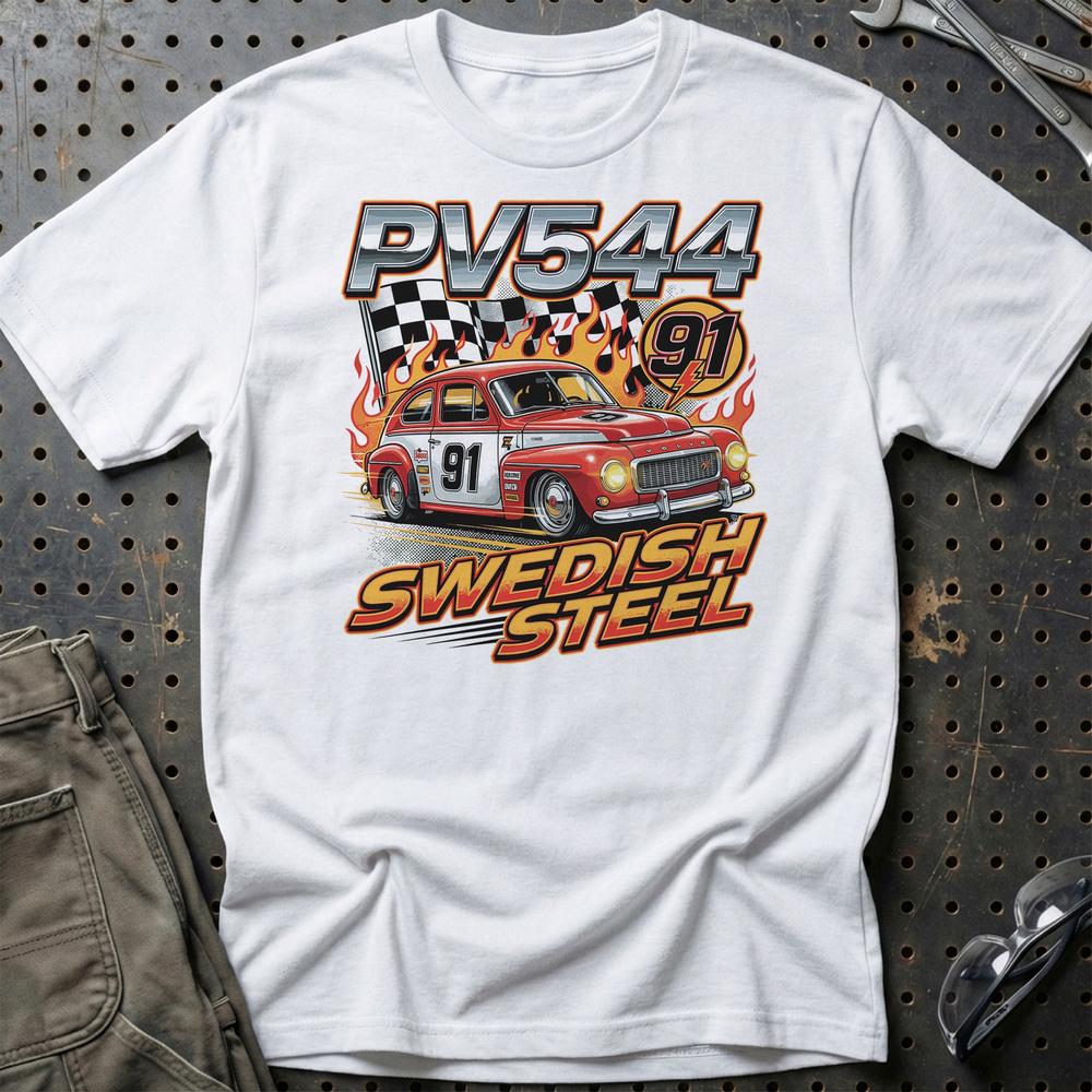 Volvo PV544 Swedish Steel Racing - Unisex T-Shirt-Beklædning-Volvo-Hvid-S-Garage Culture Shop- garage - man cave - merchandise