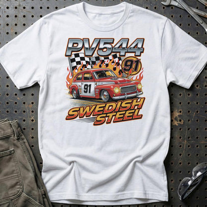 Volvo PV544 Swedish Steel Racing - Unisex T-Shirt-Beklædning-Volvo-Hvid-S-Garage Culture Shop- garage - man cave - merchandise