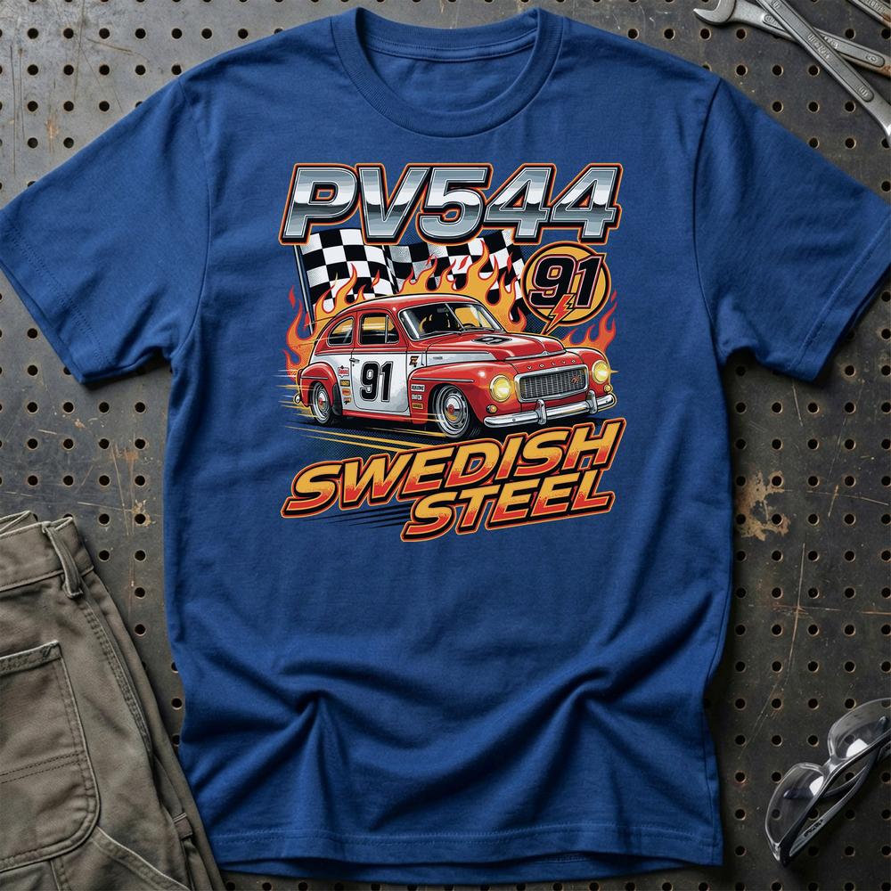 Volvo PV544 Swedish Steel Racing - Unisex T-Shirt-Beklædning-Volvo-Blå Royal-S-Garage Culture Shop- garage - man cave - merchandise