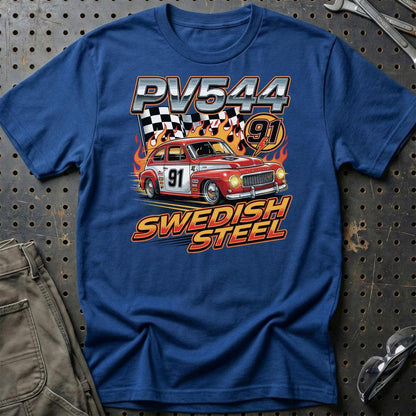 Volvo PV544 Swedish Steel Racing - Unisex T-Shirt-Beklædning-Volvo-Blå Royal-S-Garage Culture Shop- garage - man cave - merchandise