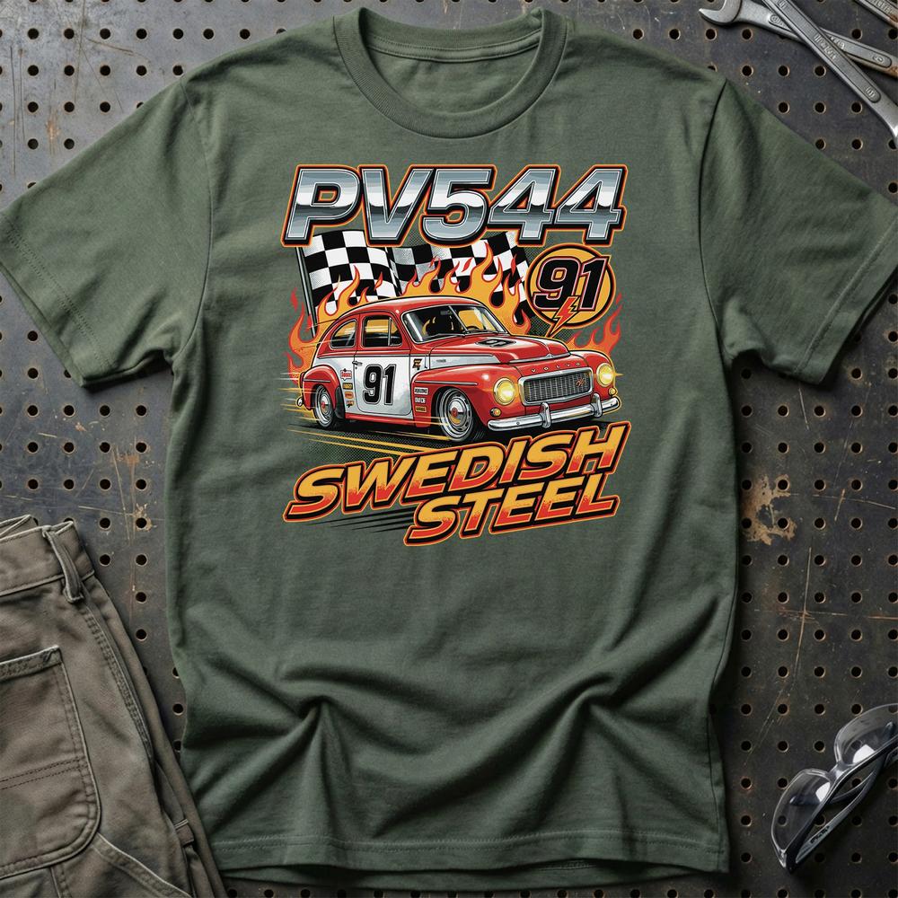 Volvo PV544 Swedish Steel Racing - Unisex T-Shirt-Beklædning-Volvo-Grøn Militær-S-Garage Culture Shop- garage - man cave - merchandise