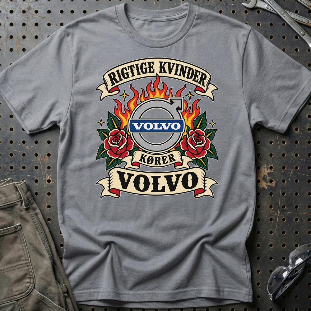 Volvo Rigtige Kvinder Kører – Roser og Flammer T-Shirt-Beklædning-Volvo-Grå Sport-S-Garage Culture Shop- garage - man cave - merchandise