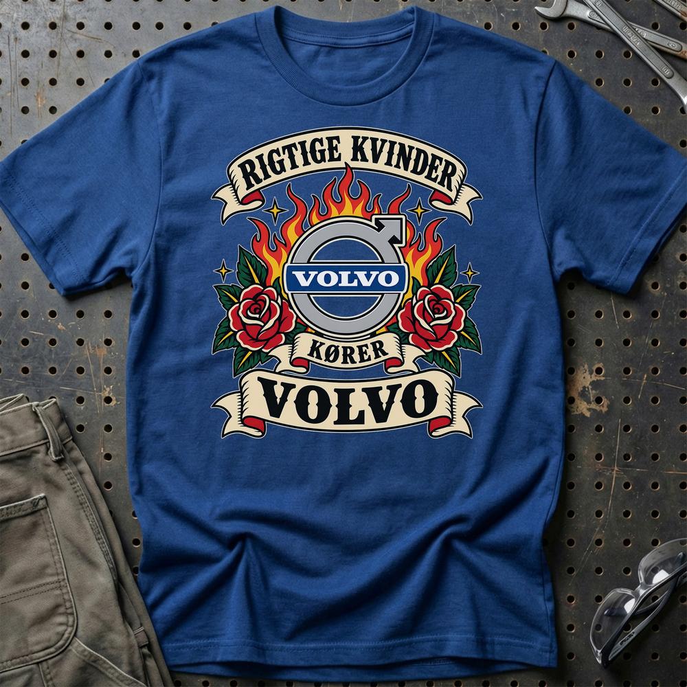 Volvo Rigtige Kvinder Kører – Roser og Flammer T-Shirt-Beklædning-Volvo-Blå Royal-S-Garage Culture Shop- garage - man cave - merchandise