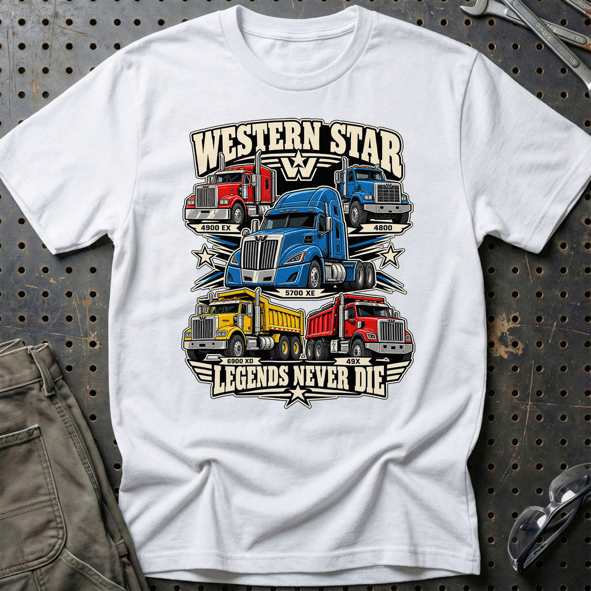 Western Star Legends Never Die T-Shirt-Beklædning-Western Star-Hvid-S-Garage Culture Shop- garage - man cave - merchandise