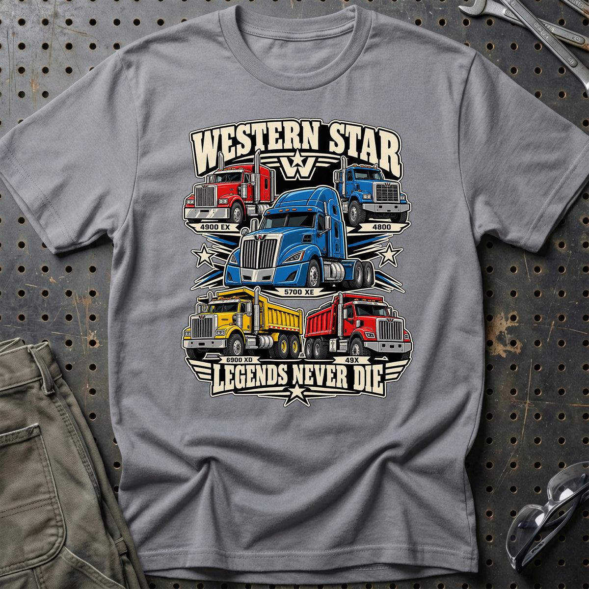 Western Star Legends Never Die T-Shirt-Beklædning-Western Star-Grå Sport-S-Garage Culture Shop- garage - man cave - merchandise
