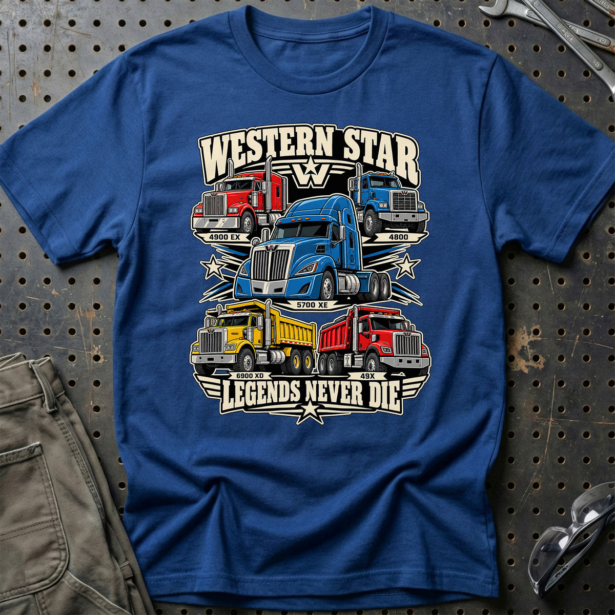 Western Star Legends Never Die T-Shirt-Beklædning-Western Star-Blå Royal-S-Garage Culture Shop- garage - man cave - merchandise