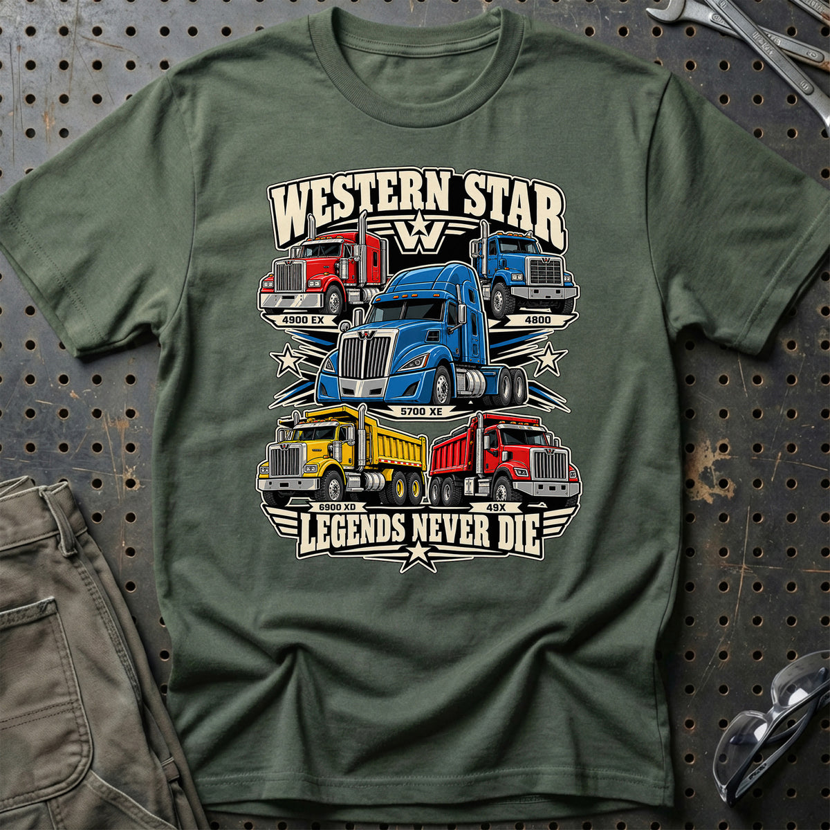 Western Star Legends Never Die T-Shirt-Beklædning-Western Star-Grøn Militær-S-Garage Culture Shop- garage - man cave - merchandise