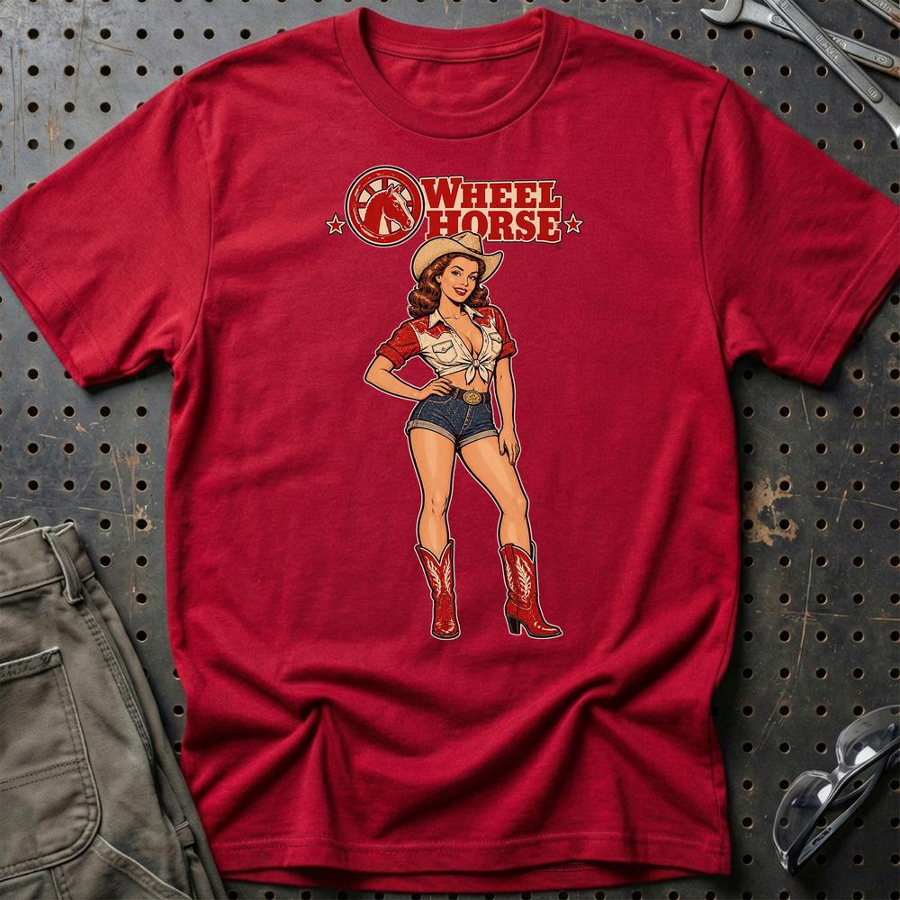 Wheel Horse Cowboy Pinup T-Shirt-Beklædning-Wheel Horse-Rød-S-Garage Culture Shop- garage - man cave - merchandise