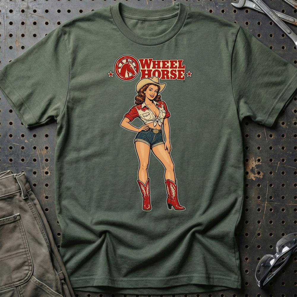 Wheel Horse Cowboy Pinup T-Shirt-Beklædning-Wheel Horse-Grøn Militær-S-Garage Culture Shop- garage - man cave - merchandise