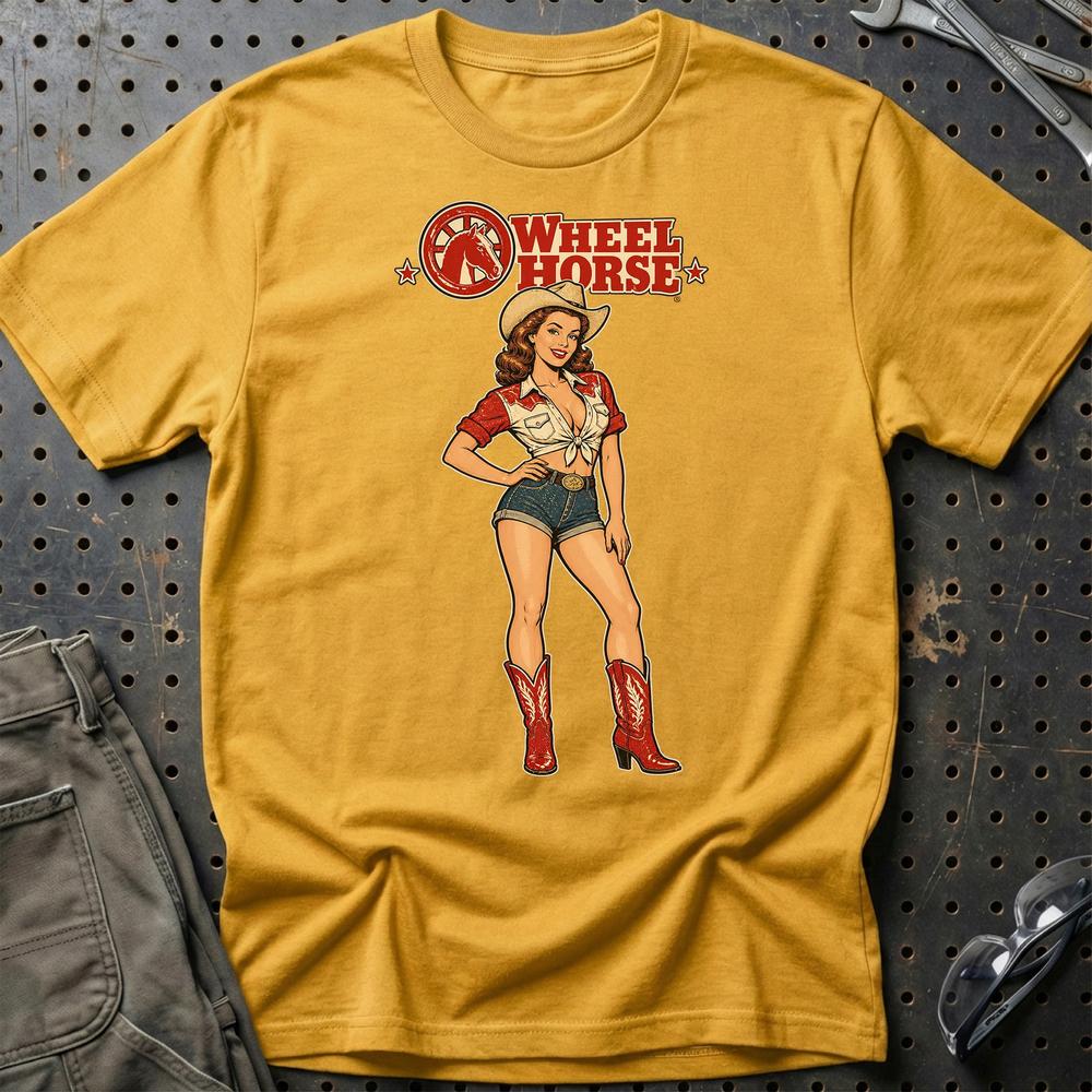 Wheel Horse Cowboy Pinup T-Shirt-Beklædning-Wheel Horse-Guld-S-Garage Culture Shop- garage - man cave - merchandise