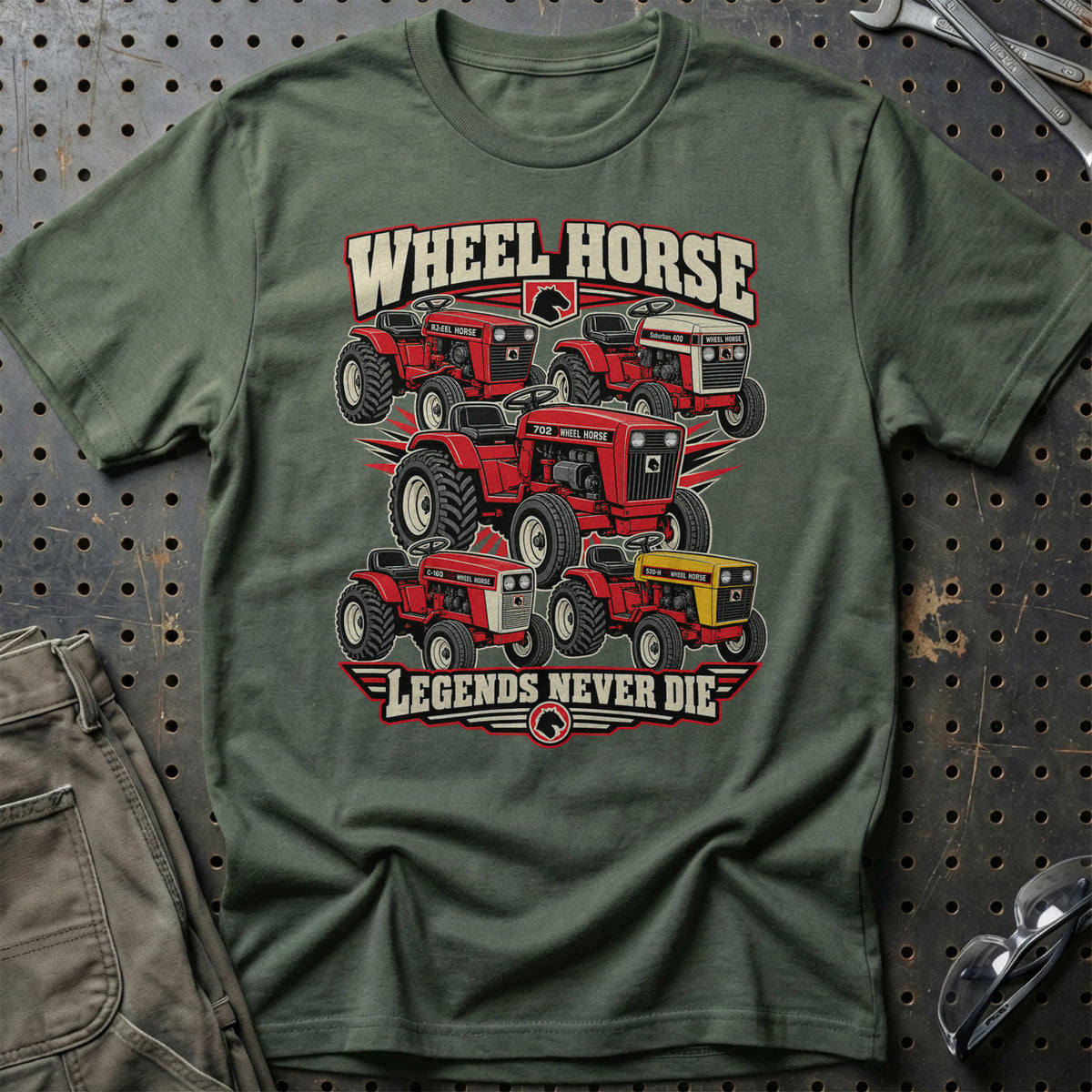 Wheel Horse Legends Never Die T-Shirt-Beklædning-Wheel Horse-Grøn Militær-S-Garage Culture Shop- garage - man cave - merchandise