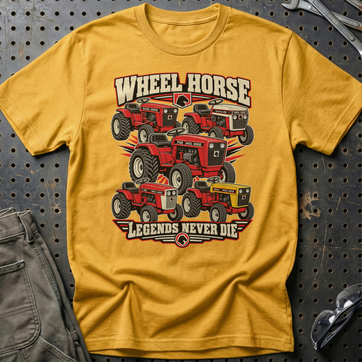 Wheel Horse Legends Never Die T-Shirt-Beklædning-Wheel Horse-Guld-S-Garage Culture Shop- garage - man cave - merchandise