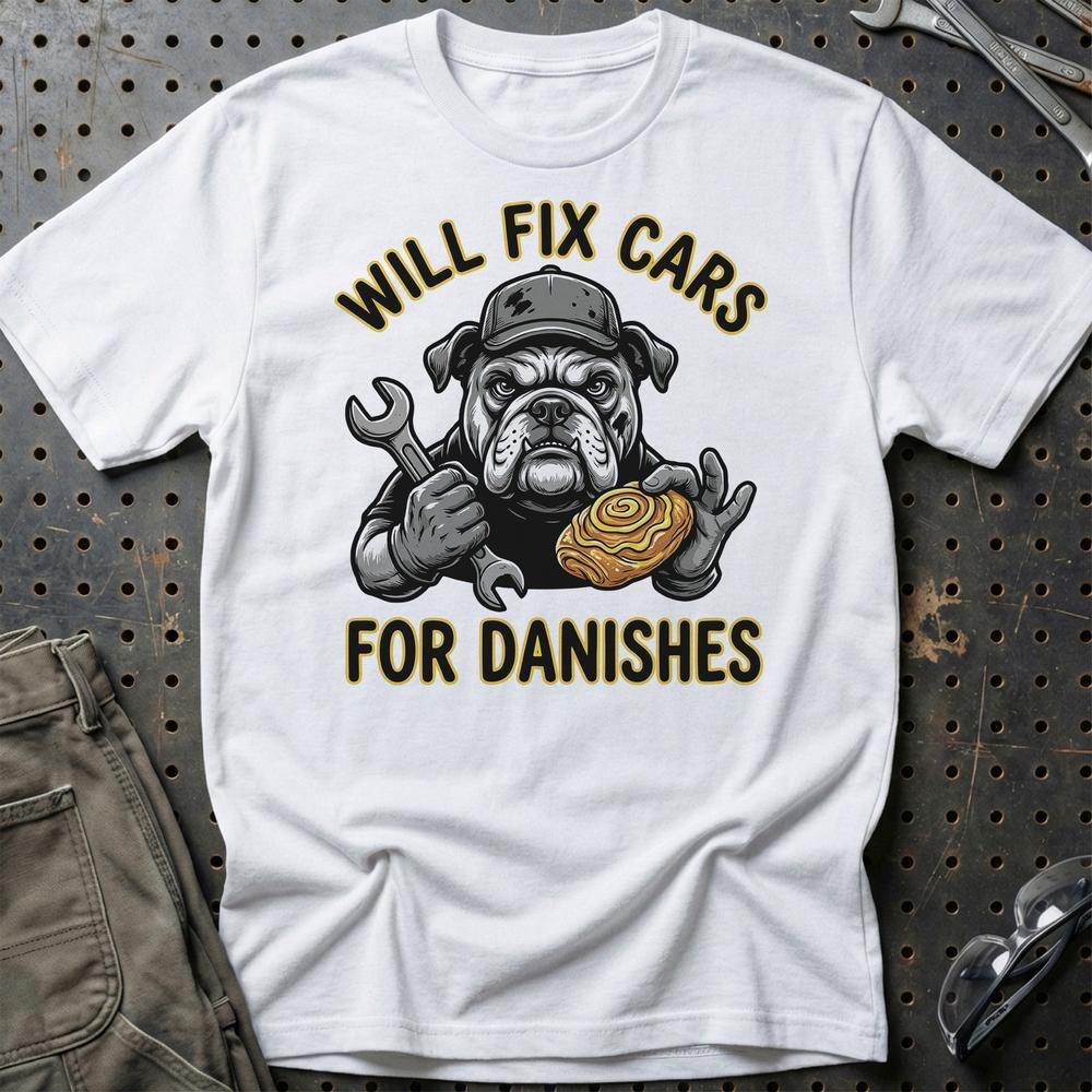 Will Fix Cars For Danishes T-Shirt-Beklædning-Garage Culture-Hvid-S-Garage Culture Shop- garage - man cave - merchandise