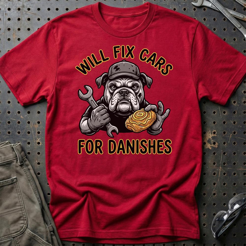 Will Fix Cars For Danishes T-Shirt-Beklædning-Garage Culture-Rød-S-Garage Culture Shop- garage - man cave - merchandise