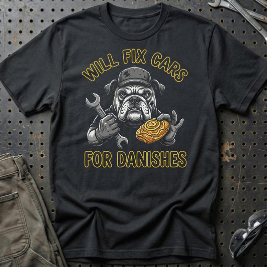 Will Fix Cars For Danishes - Unisex T-Shirt , Bomuld-Beklædning-Garage Culture-Sort-S-Garage Culture Shop- garage - man cave - merchandise