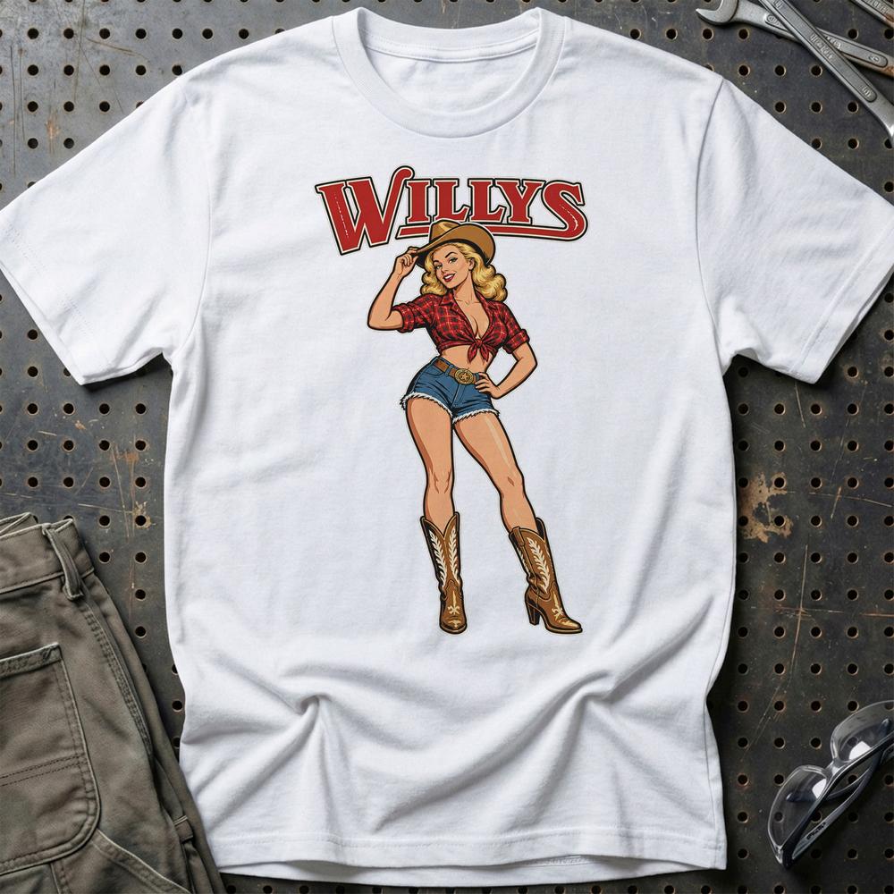 Willys Cowboy Pinup T-Shirt-Beklædning-Willys-Hvid-S-Garage Culture Shop- garage - man cave - merchandise