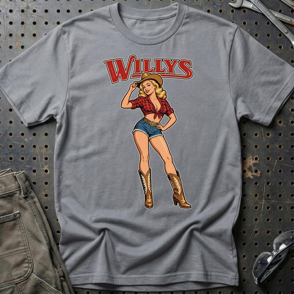 Willys Cowboy Pinup T-Shirt-Beklædning-Willys-Grå Sport-S-Garage Culture Shop- garage - man cave - merchandise