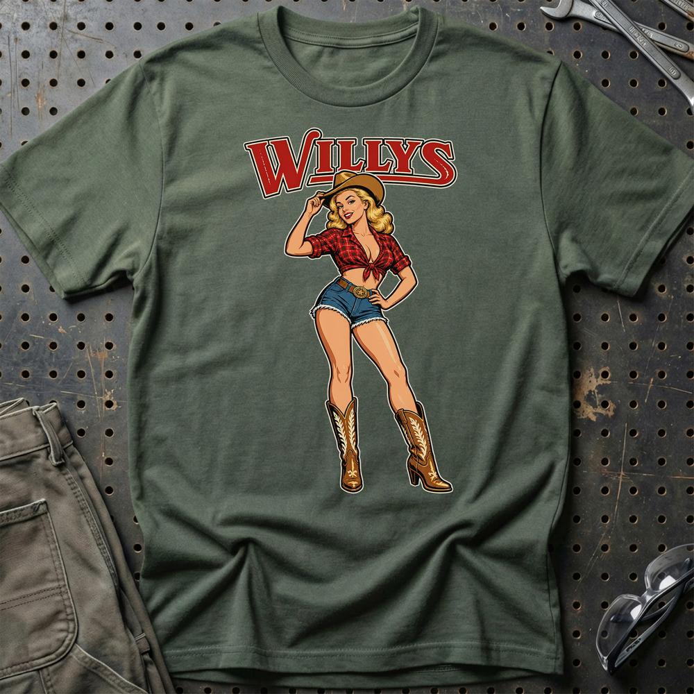 Willys Cowboy Pinup T-Shirt-Beklædning-Willys-Grøn Militær-S-Garage Culture Shop- garage - man cave - merchandise