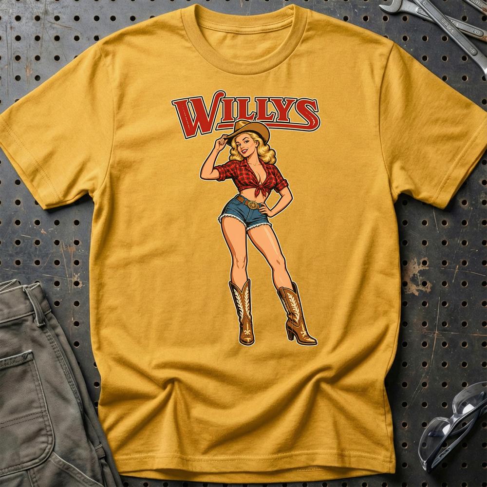 Willys Cowboy Pinup T-Shirt-Beklædning-Willys-Guld-S-Garage Culture Shop- garage - man cave - merchandise