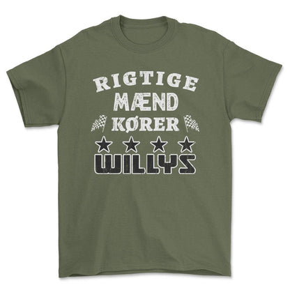 Willys Rigtige Mænd Kører - Unisex T-Shirt , Bomuld-Beklædning-Willys-Grøn Militær-S-Forside-Garage Culture Shop- garage - man cave - merchandise