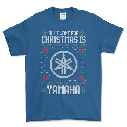 Yamaha - All I Want For Christmas - Unisex T-Shirt , Bomuld-Beklædning-Yamaha-Blå Royal-S-Forside-Garage Culture Shop- garage - man cave - merchandise