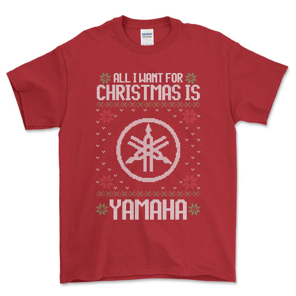 Yamaha - All I Want For Christmas - Unisex T-Shirt , Bomuld-Beklædning-Yamaha-Rød-S-Forside-Garage Culture Shop- garage - man cave - merchandise