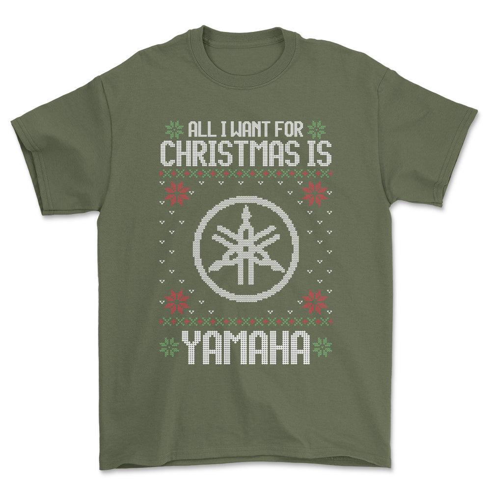 Yamaha - All I Want For Christmas - Unisex T-Shirt , Bomuld-Beklædning-Yamaha-Grøn Militær-S-Forside-Garage Culture Shop- garage - man cave - merchandise