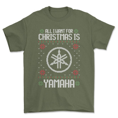 Yamaha - All I Want For Christmas - Unisex T-Shirt , Bomuld-Beklædning-Yamaha-Grøn Militær-S-Forside-Garage Culture Shop- garage - man cave - merchandise
