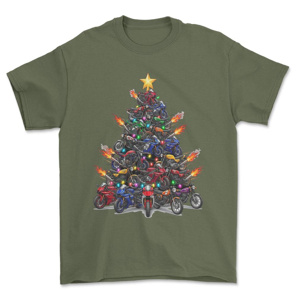 Yamaha Juletræ Christmas Tree - Unisex T-Shirt-Beklædning-Yamaha-Grøn Militær-S-Forside-Garage Culture Shop- garage - man cave - merchandise
