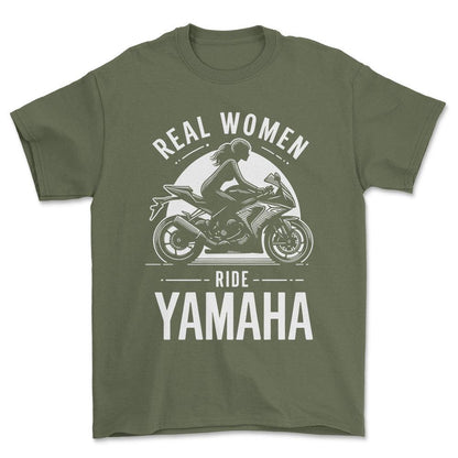 Yamaha Real Women Ride Yamaha - Unisex T-Shirt , Bomuld-Beklædning-Yamaha-Grøn Militær-S-Forside-Garage Culture Shop- garage - man cave - merchandise