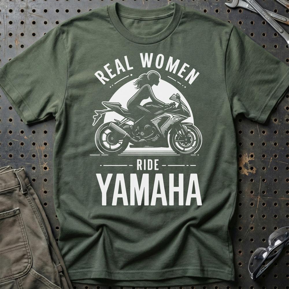 Yamaha Real Women Ride Yamaha - Unisex T-Shirt , Bomuld-Beklædning-Yamaha-Grøn Militær-S-Garage Culture Shop- garage - man cave - merchandise