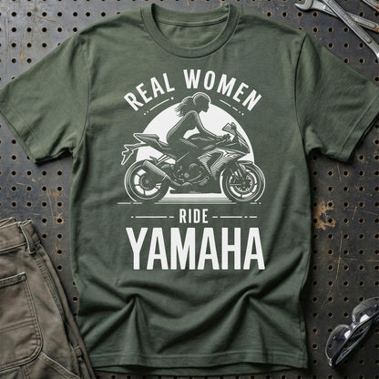 Yamaha Real Women Ride Yamaha - Unisex T-Shirt , Bomuld-Beklædning-Yamaha-Grøn Militær-S-Garage Culture Shop- garage - man cave - merchandise