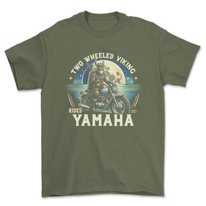 Yamaha Two Wheeled Viking Rides Yamaha - Unisex T-Shirt , Bomuld-Beklædning-Yamaha-Grøn Militær-S-Forside-Garage Culture Shop- garage - man cave - merchandise