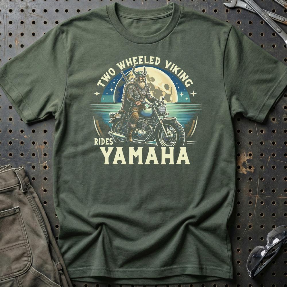 Yamaha Two Wheeled Viking Rides Yamaha - Unisex T-Shirt , Bomuld-Beklædning-Yamaha-Grøn Militær-S-Garage Culture Shop- garage - man cave - merchandise