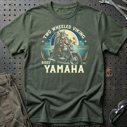 Yamaha Two Wheeled Viking Rides Yamaha - Unisex T-Shirt , Bomuld-Beklædning-Yamaha-Grøn Militær-S-Garage Culture Shop- garage - man cave - merchandise