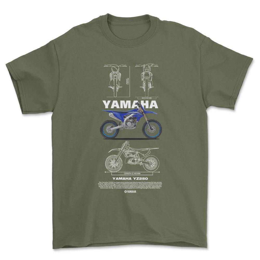 Yamaha YZ250 - Unisex T-Shirt , Bomuld-Beklædning-Yamaha-Grøn Militær-S-Forside-Garage Culture Shop- garage - man cave - merchandise