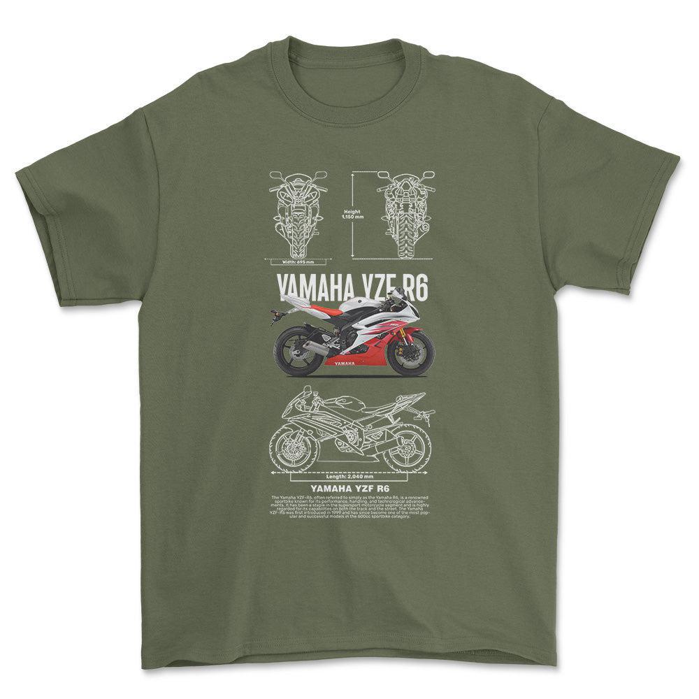 Yamaha YZF R6 - Unisex T-Shirt , Bomuld-Beklædning-Yamaha-Grøn Militær-S-Forside-Garage Culture Shop- garage - man cave - merchandise