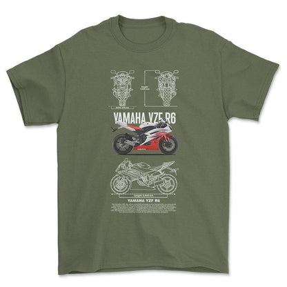 Yamaha YZF R6 - Unisex T-Shirt , Bomuld-Beklædning-Yamaha-Grøn Militær-S-Forside-Garage Culture Shop- garage - man cave - merchandise