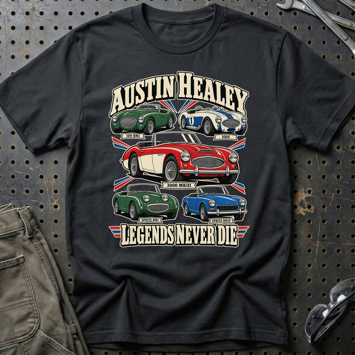 Austin Healey Legends Never Die T-Shirt – Sort