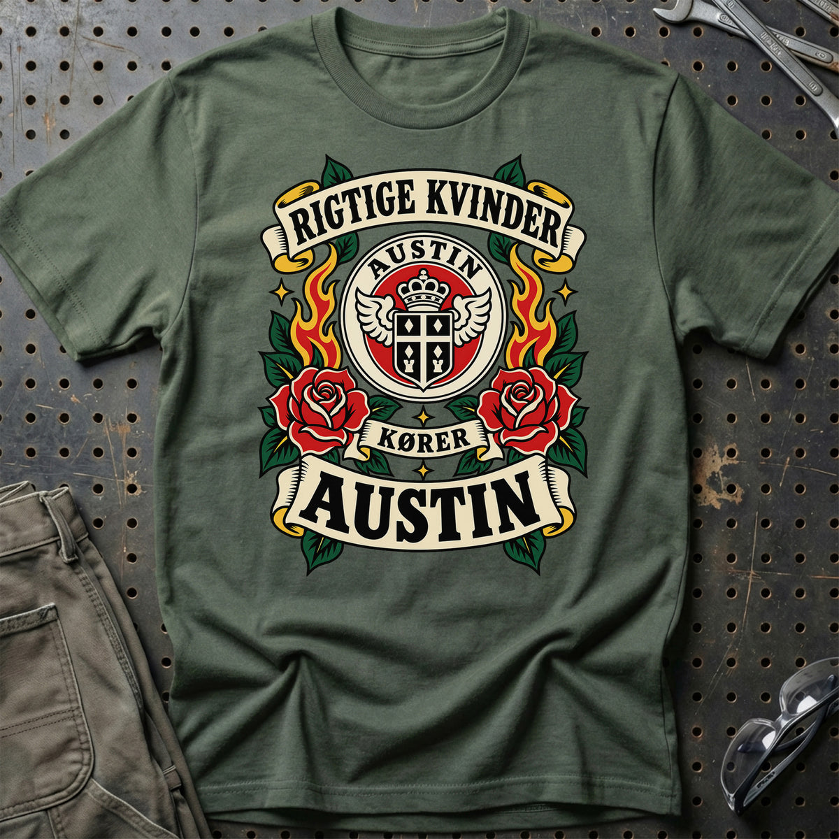 Austin Rigtige Kvinder Kører – Roser og Flammer T-Shirt – Grøn Militær