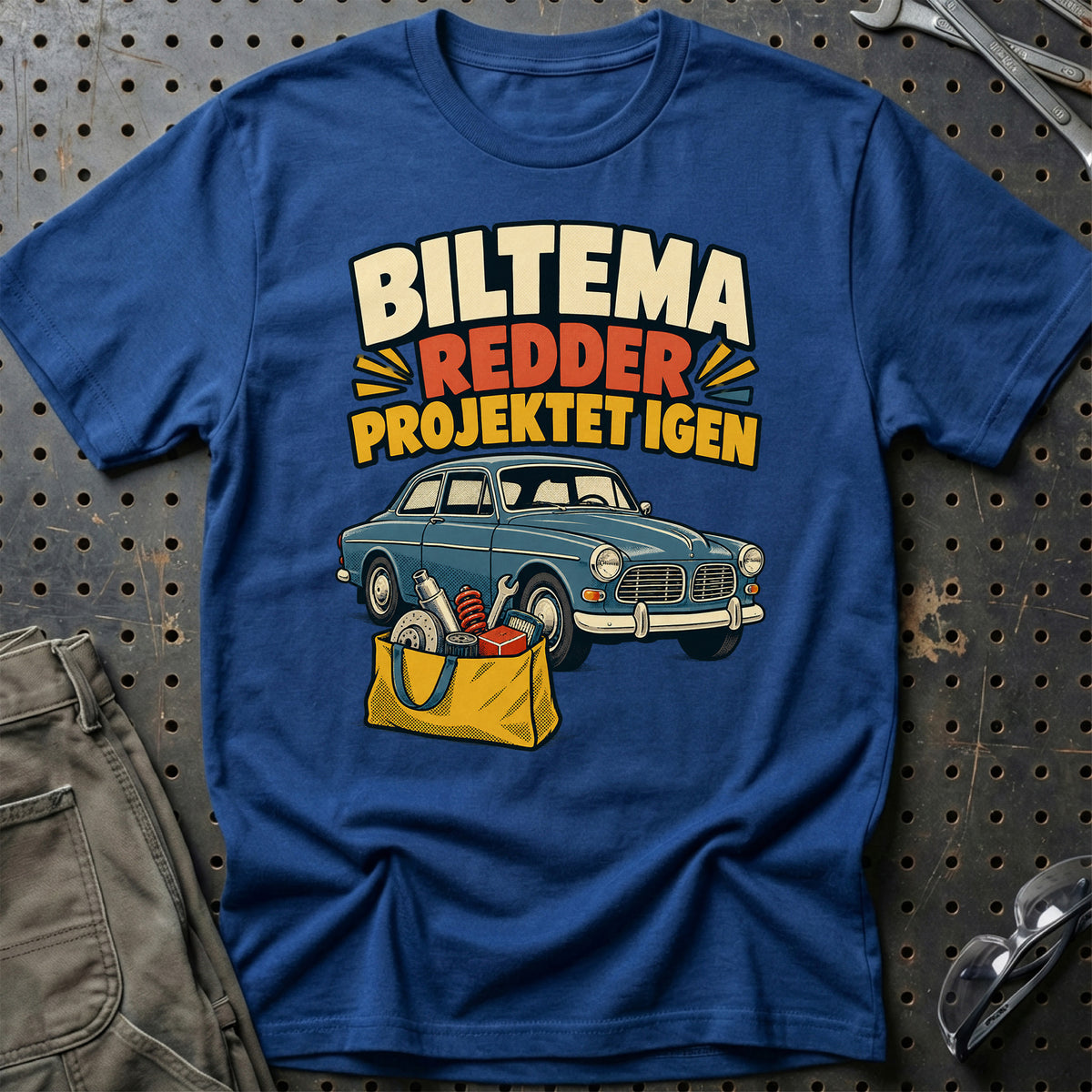 
Biltema redder projektet igen – Tegneserie – Unisex T-Shirt med tryk foran, farve: Blå Royal