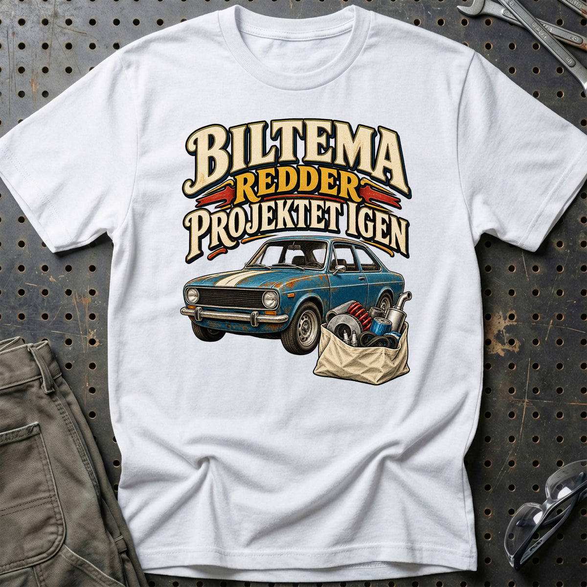 
Biltema redder projektet igen – Vintage – Unisex T-Shirt med tryk foran, farve: Hvid