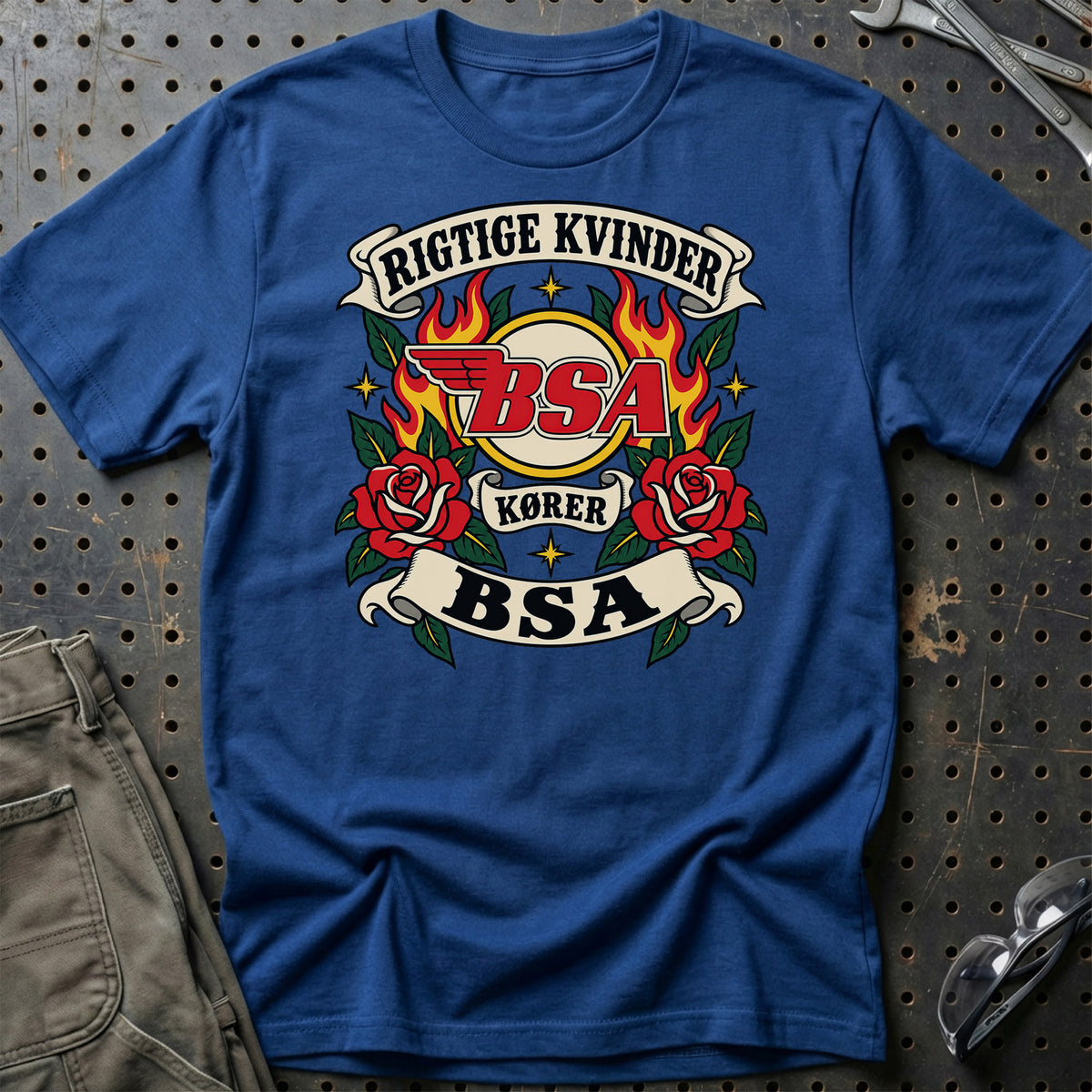 BSA Rigtige Kvinder Kører – Roser og Flammer T-Shirt – Blå Royal