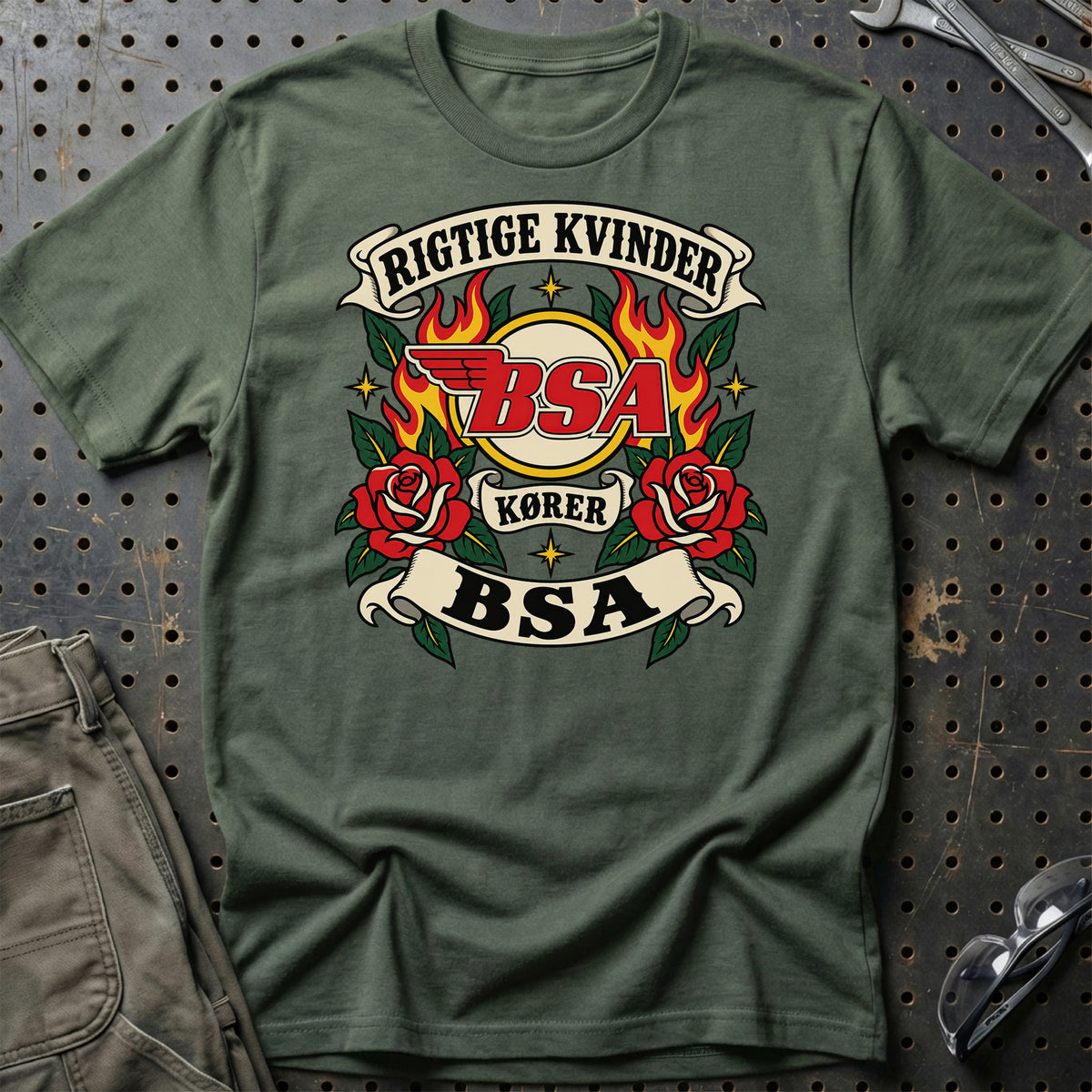 BSA Rigtige Kvinder Kører – Roser og Flammer T-Shirt – Grøn Militær