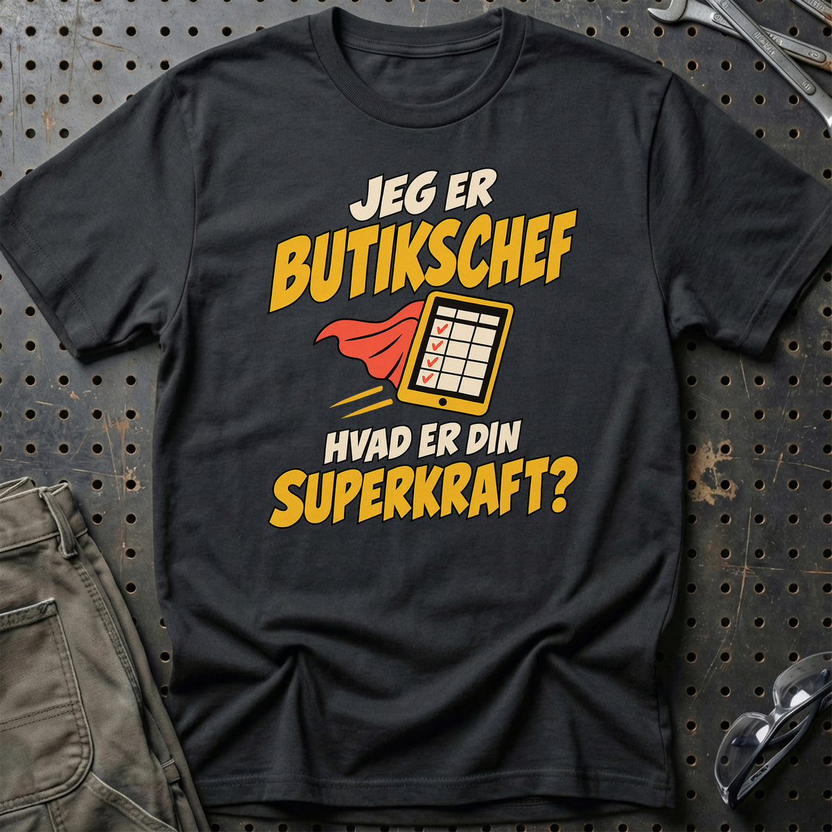 
Butikschef – Hvad er din superkraft? – Unisex T-Shirt – Sort