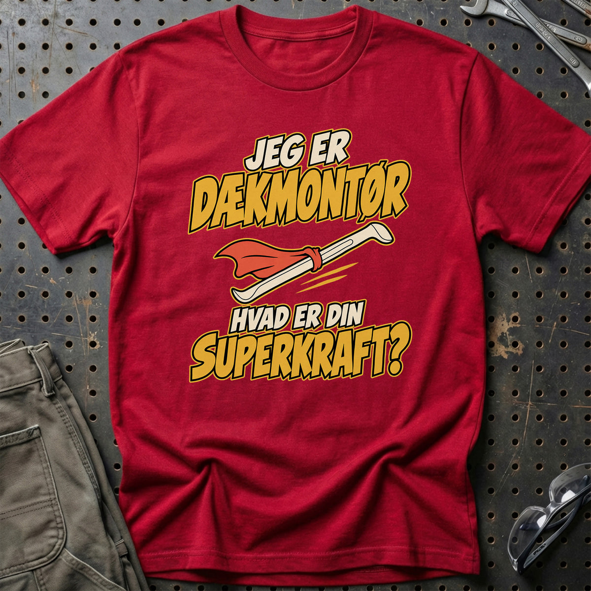 
Dækmontør – Hvad er din superkraft? – Unisex T-Shirt – Rød