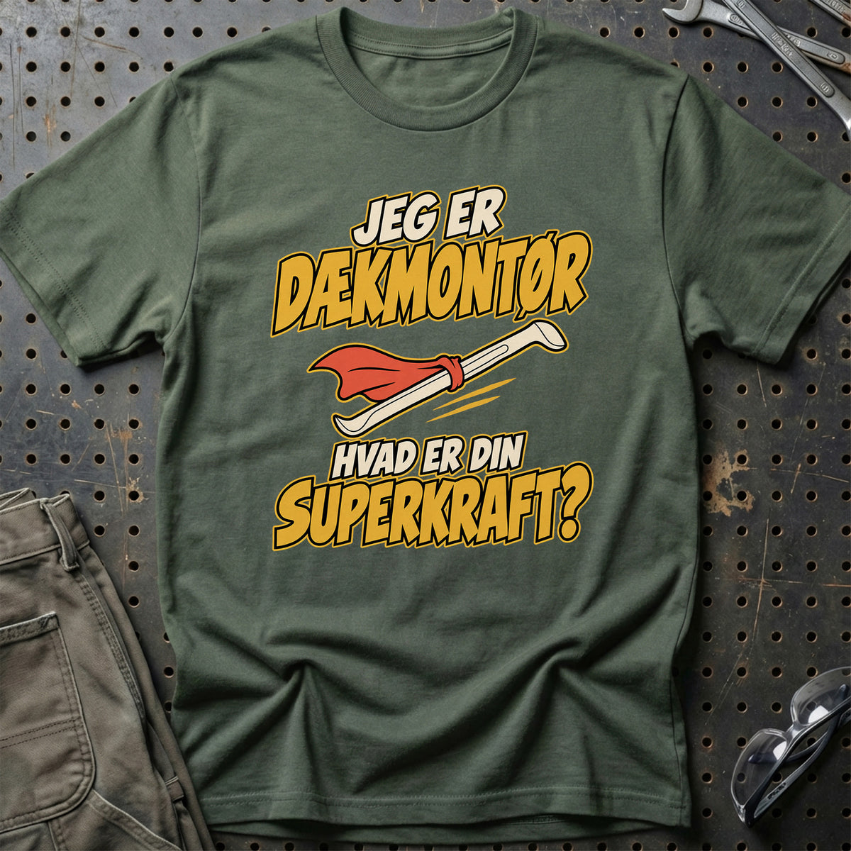
Dækmontør – Hvad er din superkraft? – Unisex T-Shirt – Grøn Militær