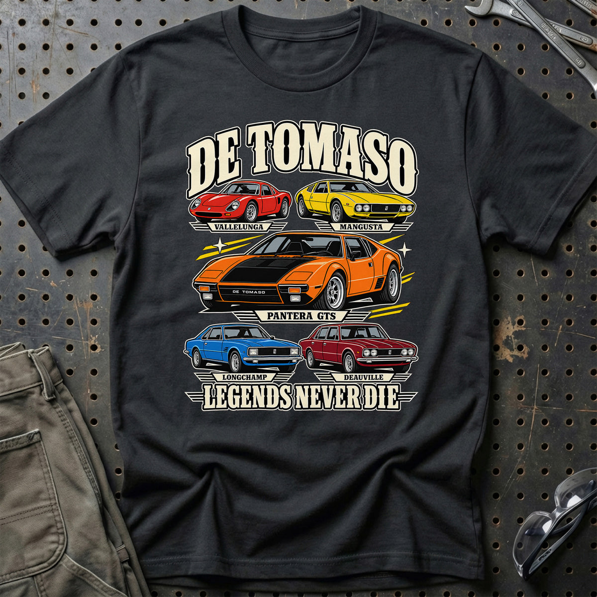 De Tomaso Legends Never Die T-Shirt – Sort