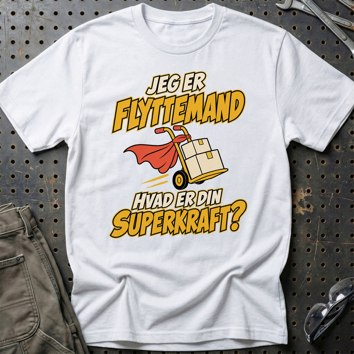 
Flyttemand – Hvad er din superkraft? – Unisex T-Shirt – Hvid