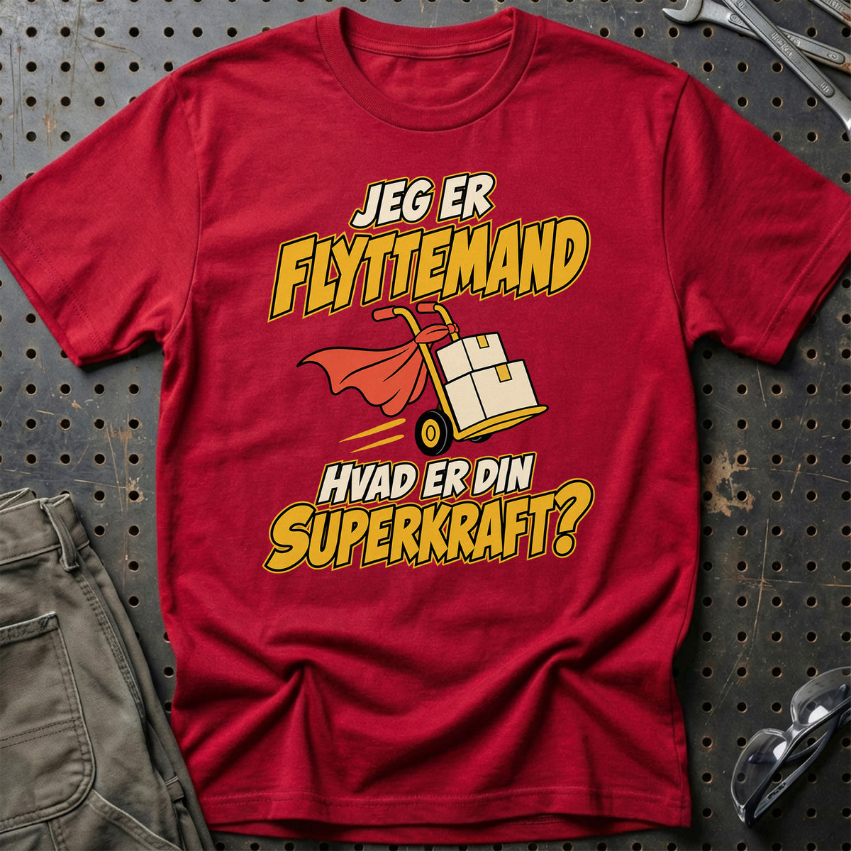 
Flyttemand – Hvad er din superkraft? – Unisex T-Shirt – Rød